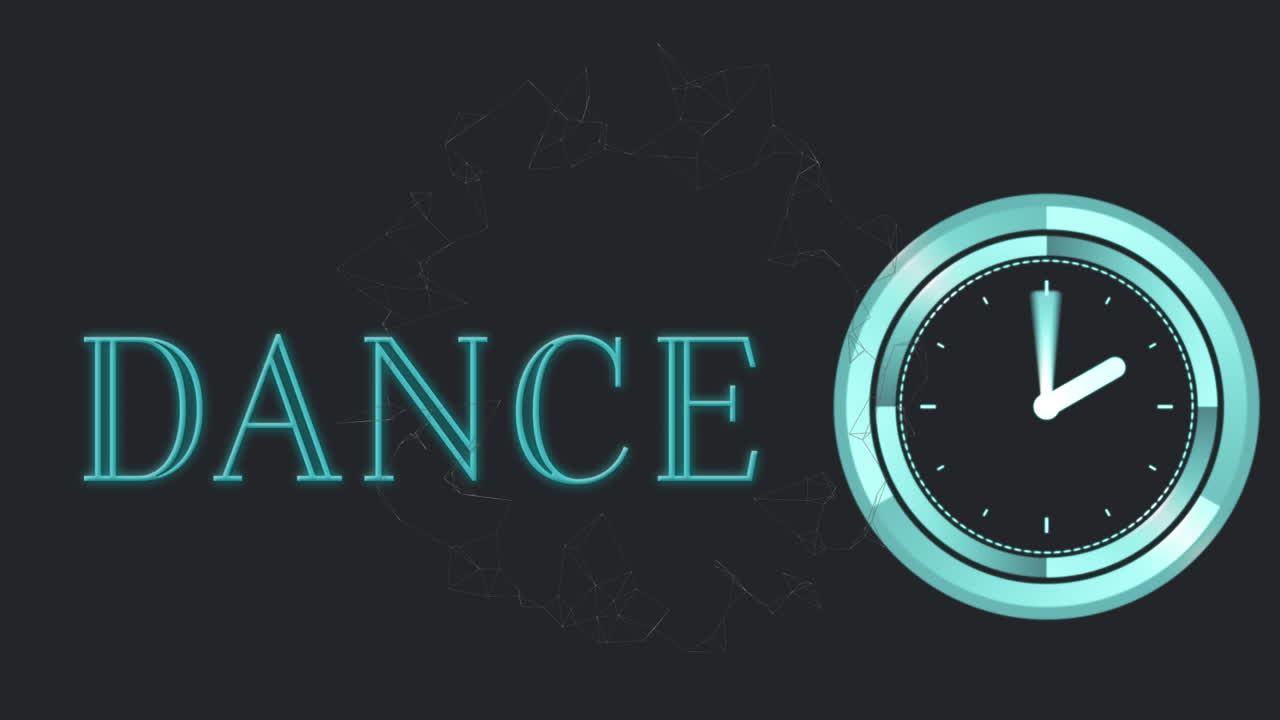 Animation of dance text and clock on black background