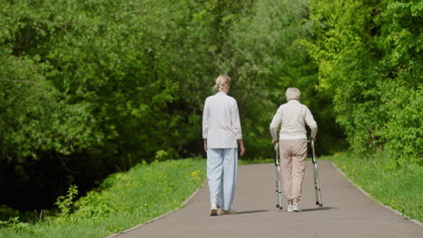 mujer anciana con enfermera caminando en el parque