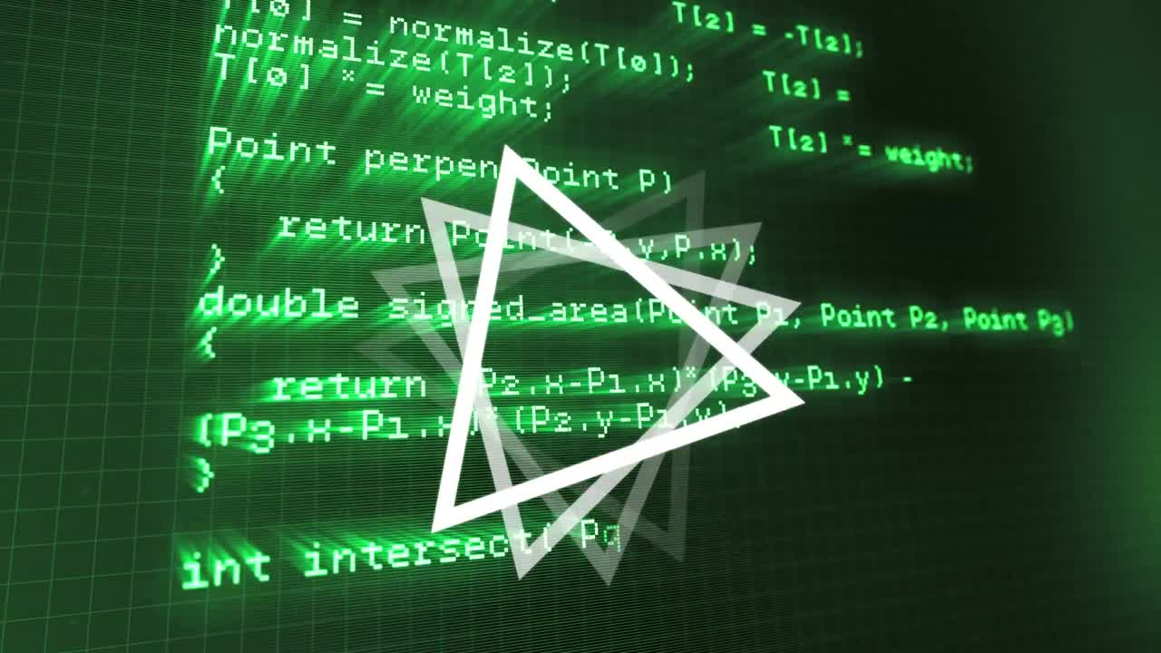 Animation of rotating triangles over data processing in green and black space