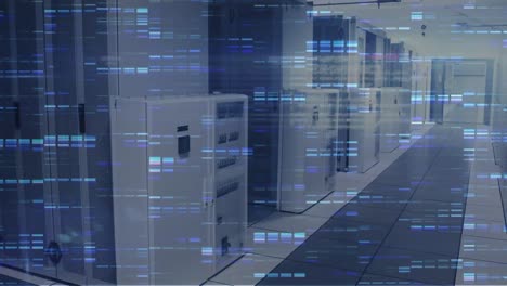 animation of blue mosaic squares against computer server room