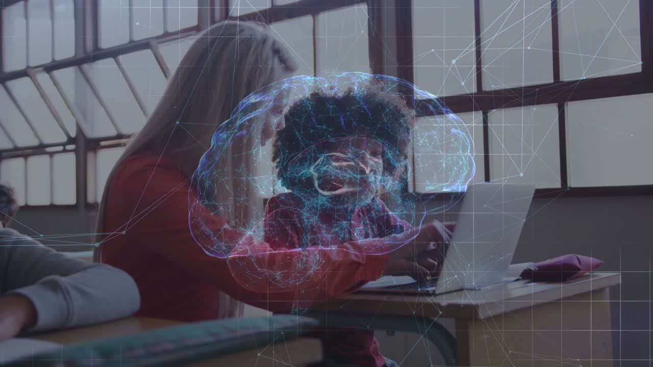 Teacher guiding African American schoolboy tapping laptop in classroom with brain-network overlay