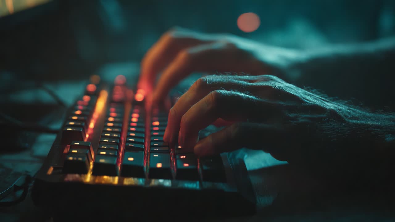 A close-up view of hands deftly typing on a brightly illuminated keyboard, showcasing the intricate play of light and shadow in a creative digital workspace, engaging in focused online activities