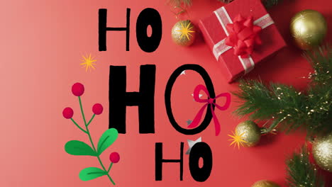 animation of ho text over christmas decorations on red background