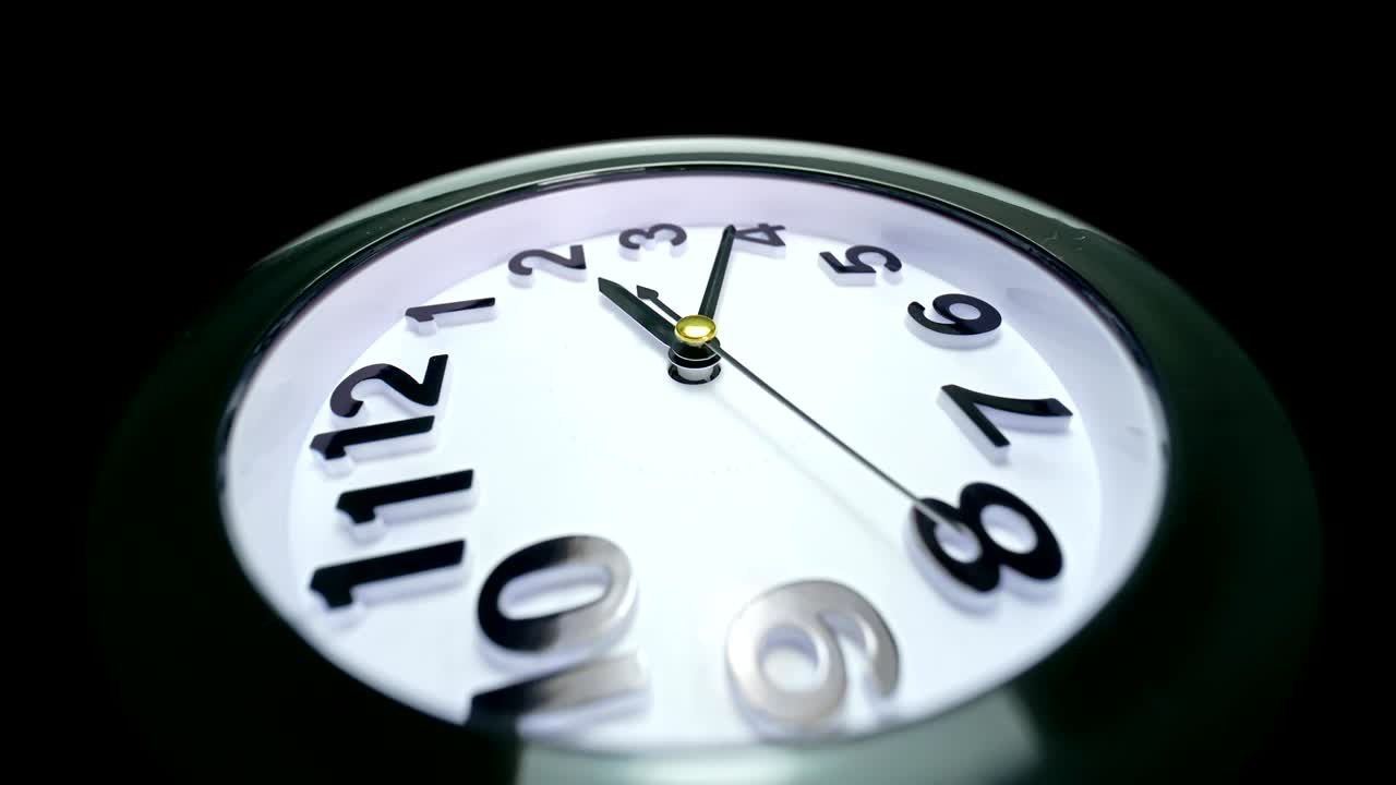 Macro shot of clock face with rapid rotation of all body and almost static seconds arrow. Fast flow of time concept. Real watch shot with wide macro lens close-up view. 4k.