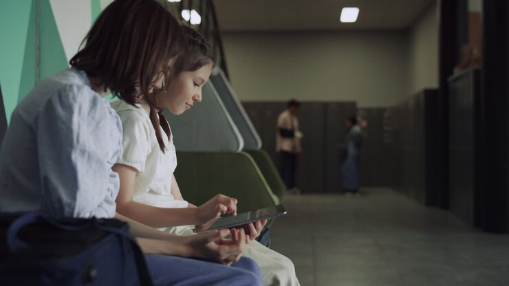 Lächelnde Schulmädchen nutzen Tablet in der Schulpause. Zwei Teenager unterhalten sich an den Spinden.