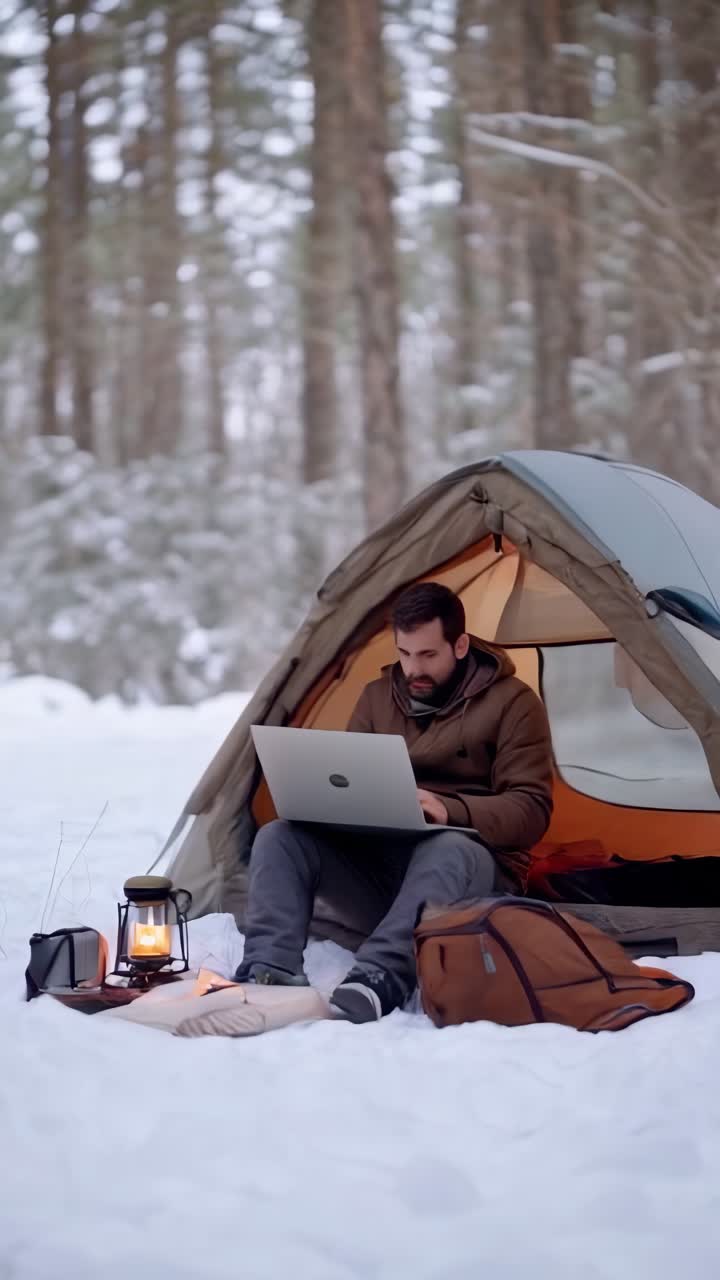 Un uomo seduto con un laptop all'ingresso di una tenda da campeggio, circondato da un paesaggio forestale innevato.