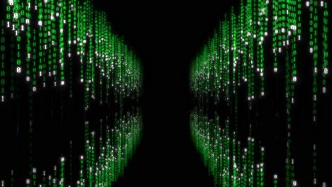 efecto de matriz de datos digitales verdes que cae desde ambos lados de la pantalla con reflejos en el suelo y crea un túnel en la animación 3d de fondo negro