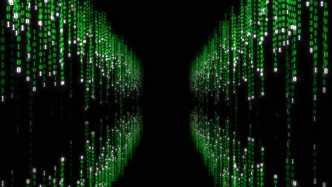 green digital data matrix effect falling from both sides of the screen with floor reflections and creating a tunnel on black background 3d animation