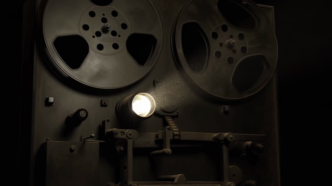 Proiettore cinematografico vintage in camera oscura, un riflettore caldo che taglia la polvere, due bobine metalliche che girano lentamente.
