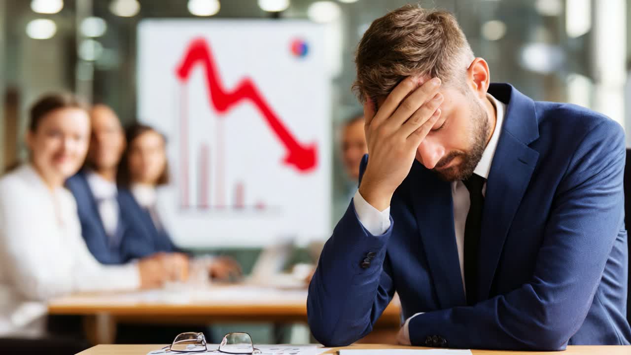 A businessman experiences deep frustration as financial hurdles and declining trends weigh heavily on his mind, depicting the stress associated with corporate challenges and setbacks