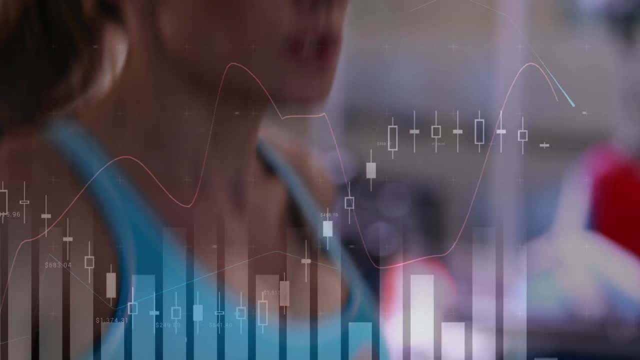 animación de estadísticas y procesamiento de datos sobre la mujer corriendo en la cinta de correr