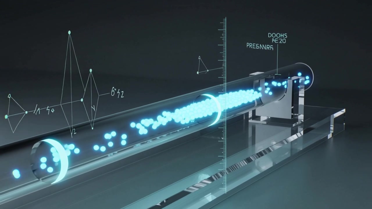 Moving glowing blue orbs right after ring pulse inside clear tube on base, with hologram scale