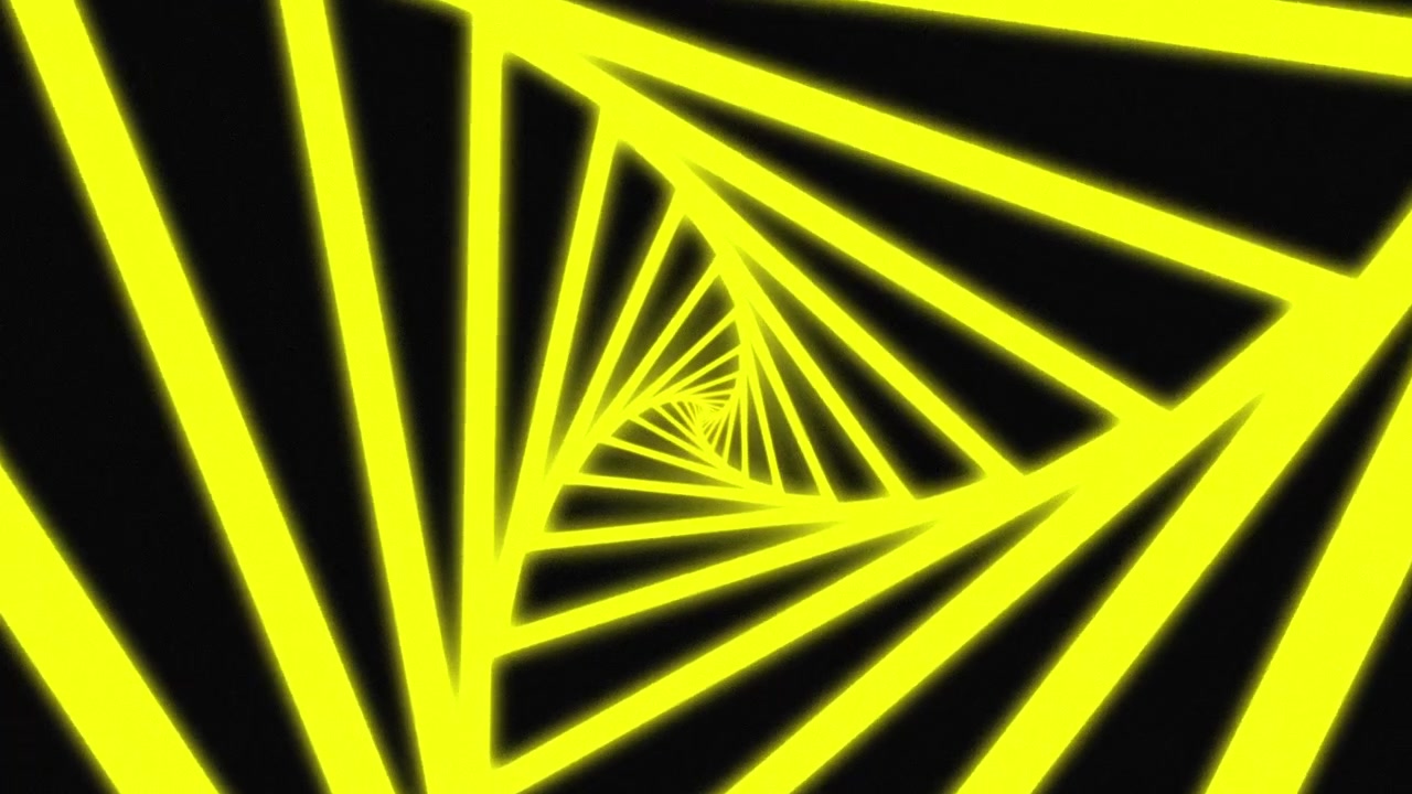 Tunnel astratto di triangoli gialli luminosi che ruotano nell'oscurità.