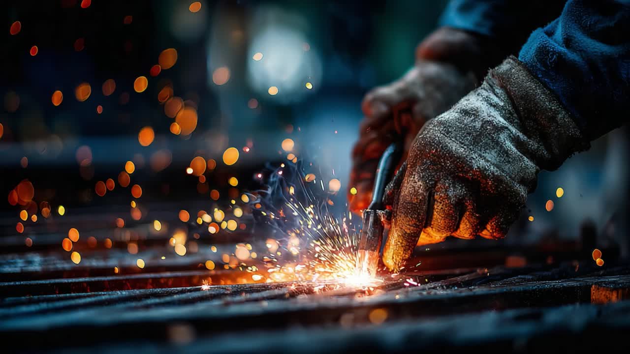 A Craftsman Engaged in Metalworking: Captivating Moments of Sparks Flying and Precision in Welding as Hands Skillfully Shape Metal
