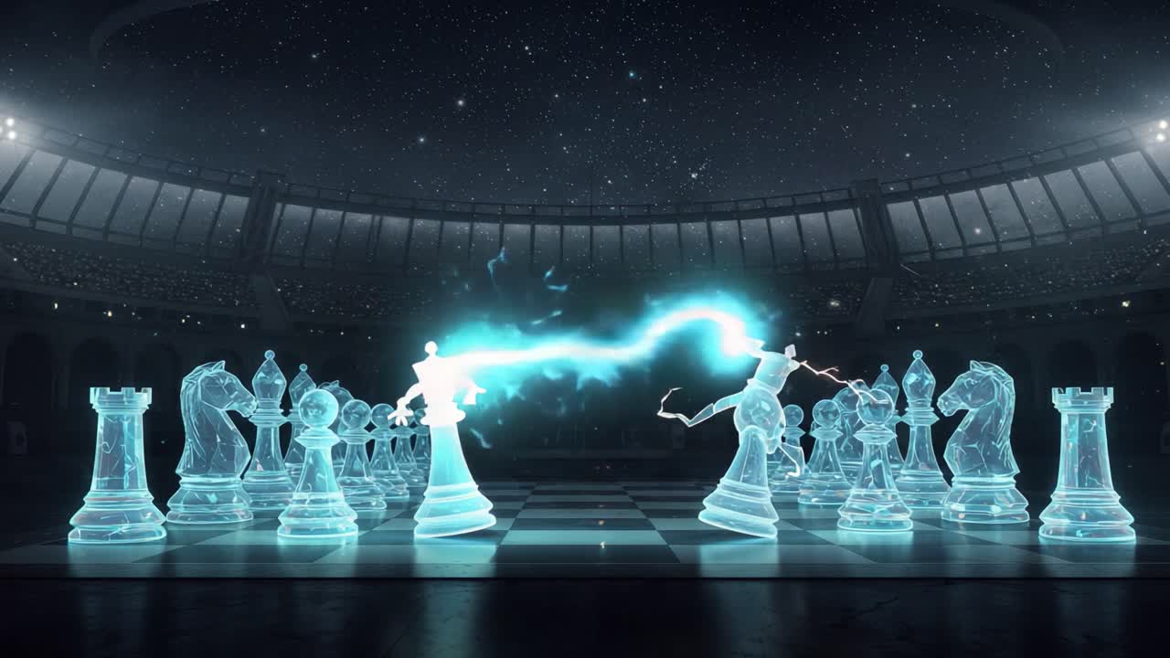 A Spectacular Clash of Etheric Chess Pieces Unfolds in a Cosmic Arena Where Strategy and Magic Intertwine in a Mesmerizing Battle of Wits