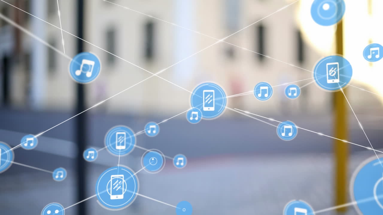 도시 풍경 위의 아이콘으로 연결된 네트워크의 애니메이션