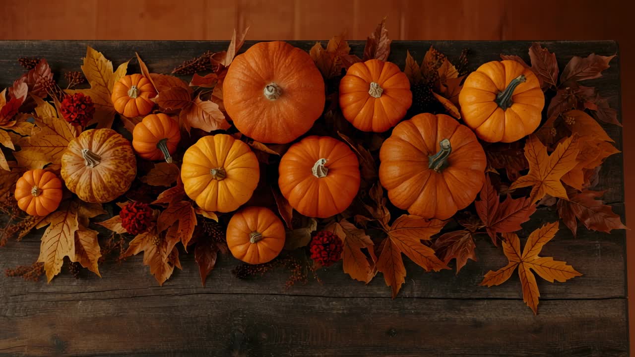 Starting overhead shot capturing pumpkin display with leaves, cones on table evoking autumn mood