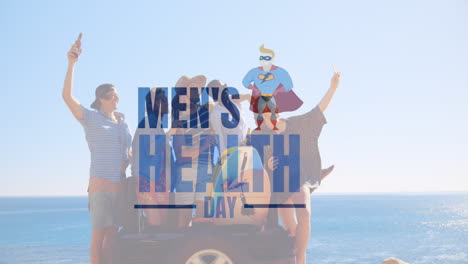 animation of men''s health day text over happy male friends by sea