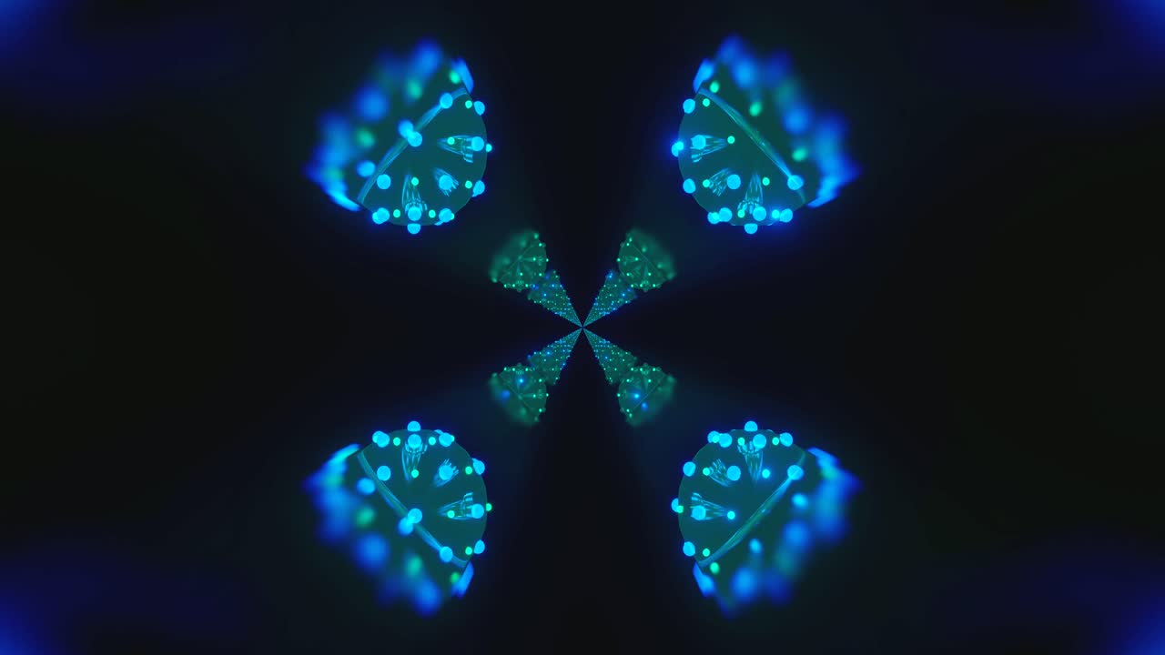 This seamless looping screensaver presents a tunnel of vibrant blue and green shapes, creating an immersive visual experience. The dynamic display enchants viewers with its captivating movement