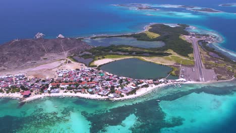 dolly in gran roque village, aerial shot colorful tropical island caribbean sea