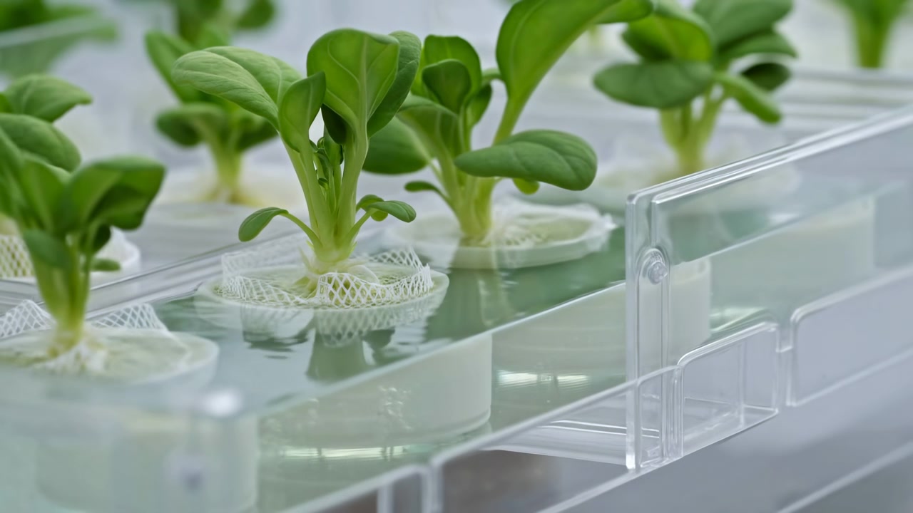Piantine che crescono in capsule di Petri in condizioni di laboratorio scientifico, viste da una prospettiva dall'alto. L'ambiente è pulito e organizzato, con uno sfondo verde e bianco