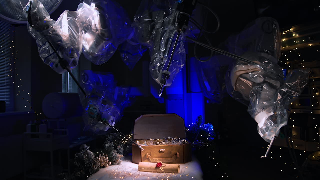 Da Vinci robotic arm takes a scroll with seal and puts it into wooden chest. Decorated for Christmas operational table in dark surgical room.