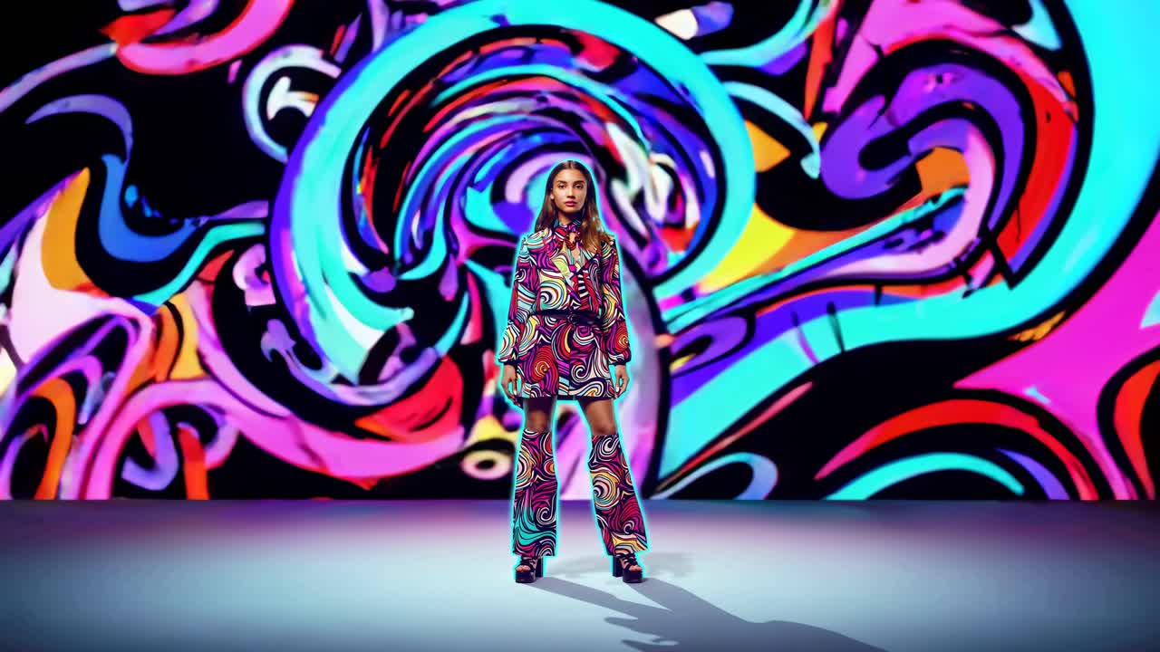 modelo de moda con un traje psicodélico de los años 70