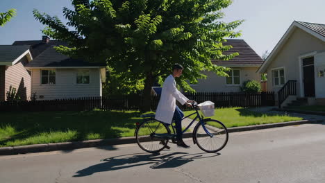 doctor riding bicycle in residential neighborhood