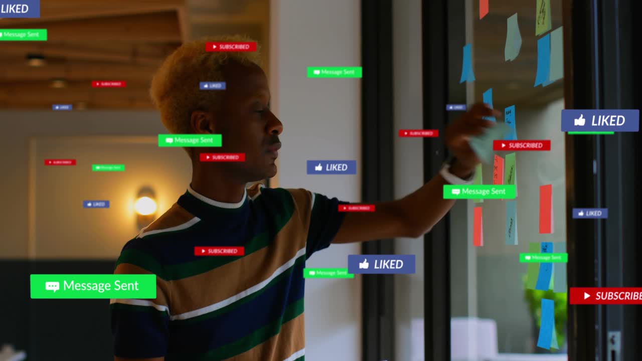 Man tapping glass, activating floating UI badges and rearranging sticky notes for product design