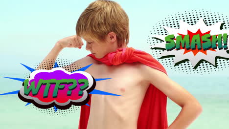 animation of wtf and smash text in retro speech bubbles over caucasian boy dressed as superhero