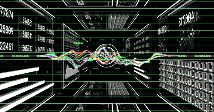 Launching wireframe tunnel showing waveform oscillating while reticle tracking numeric data flow