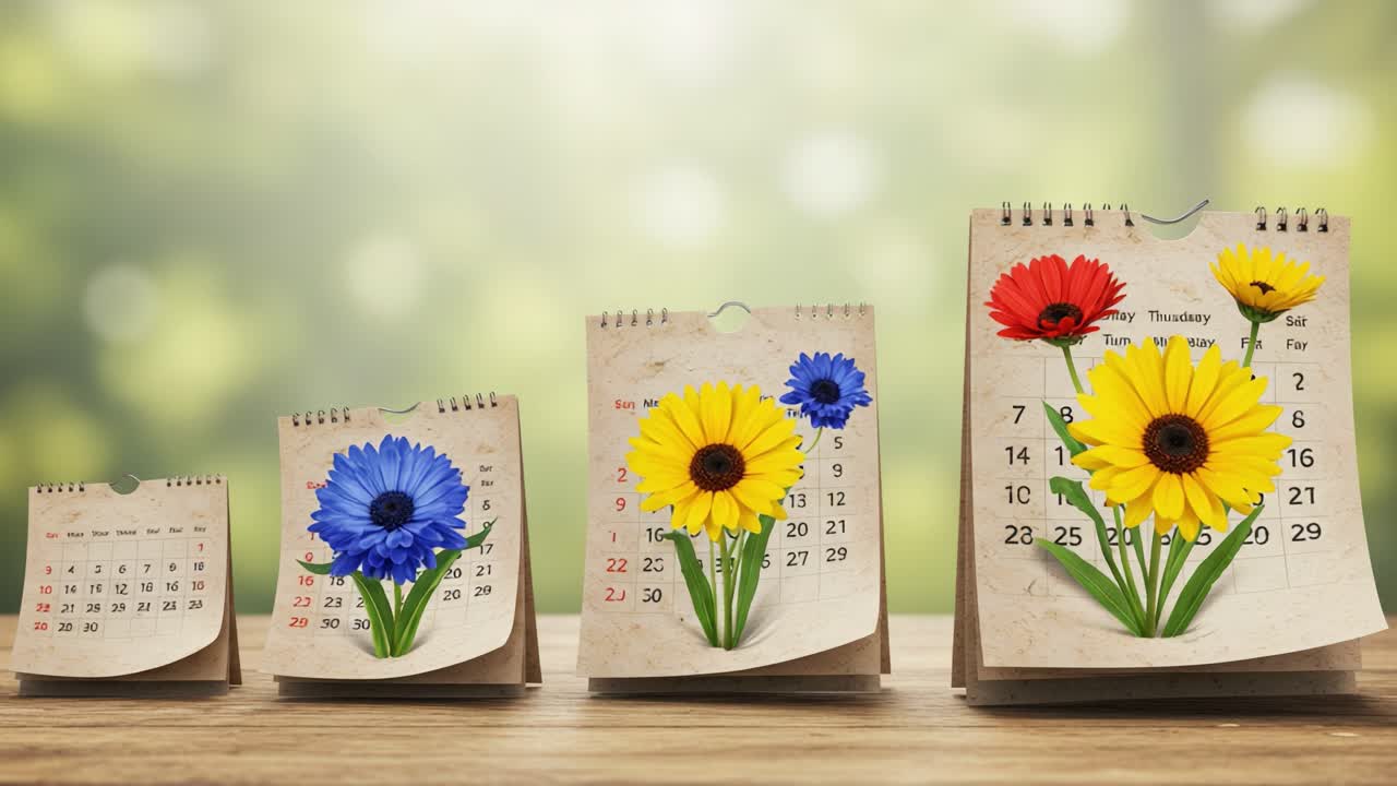 A Vibrant Flower Calendar Display Showcasing Colorful Blooms Through the Seasons with Distinctive Dates and Artistic Presentation in a Sunlit Environment