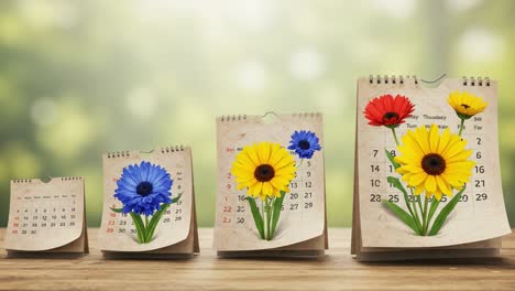 a vibrant flower calendar display showcasing colorful blooms through the seasons with distinctive dates and artistic presentation in a sunlit environment