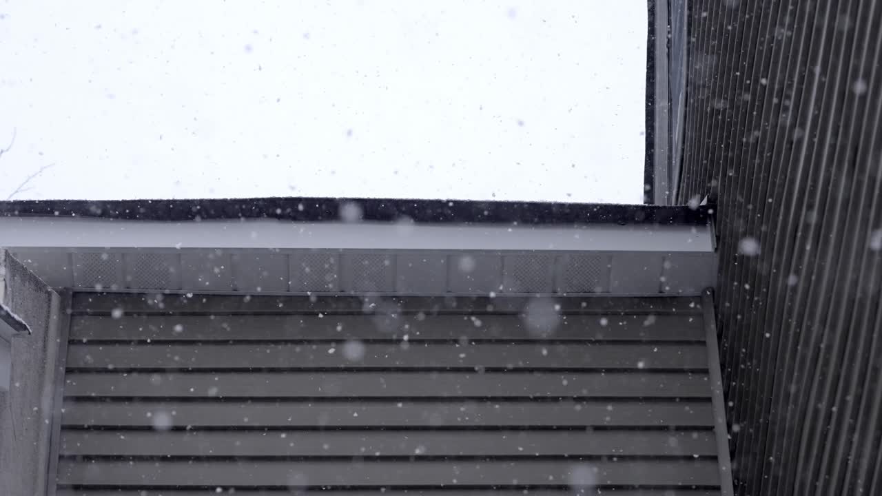 Slow motion snowfall, close up of a roof, cold winter day with small snowflakes, grey sky, static, copy space