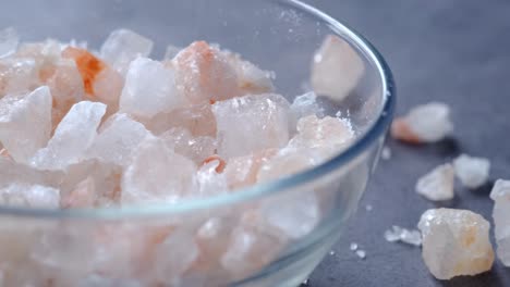 himalayan pink salt crystals in a glass bowl