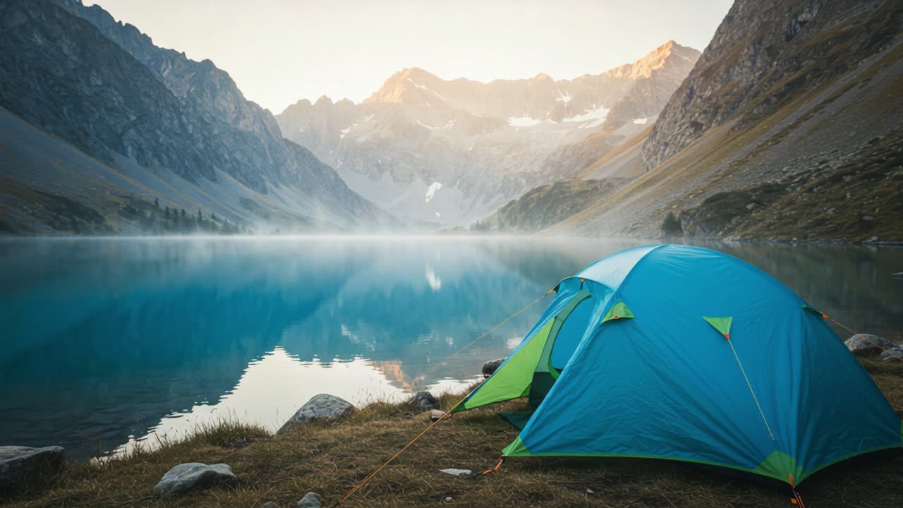 A serene camping experience by a tranquil lake, surrounded by majestic mountains at dawn, capturing the beauty of nature in vivid colors and peaceful reflections