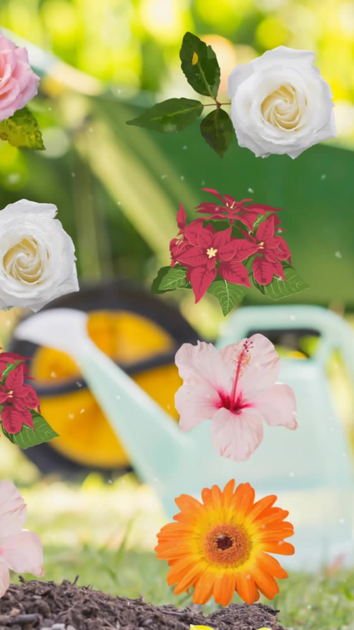 Più icone di fiori colorati in un motivo continuo che fluttuano su un giardino sullo sfondo