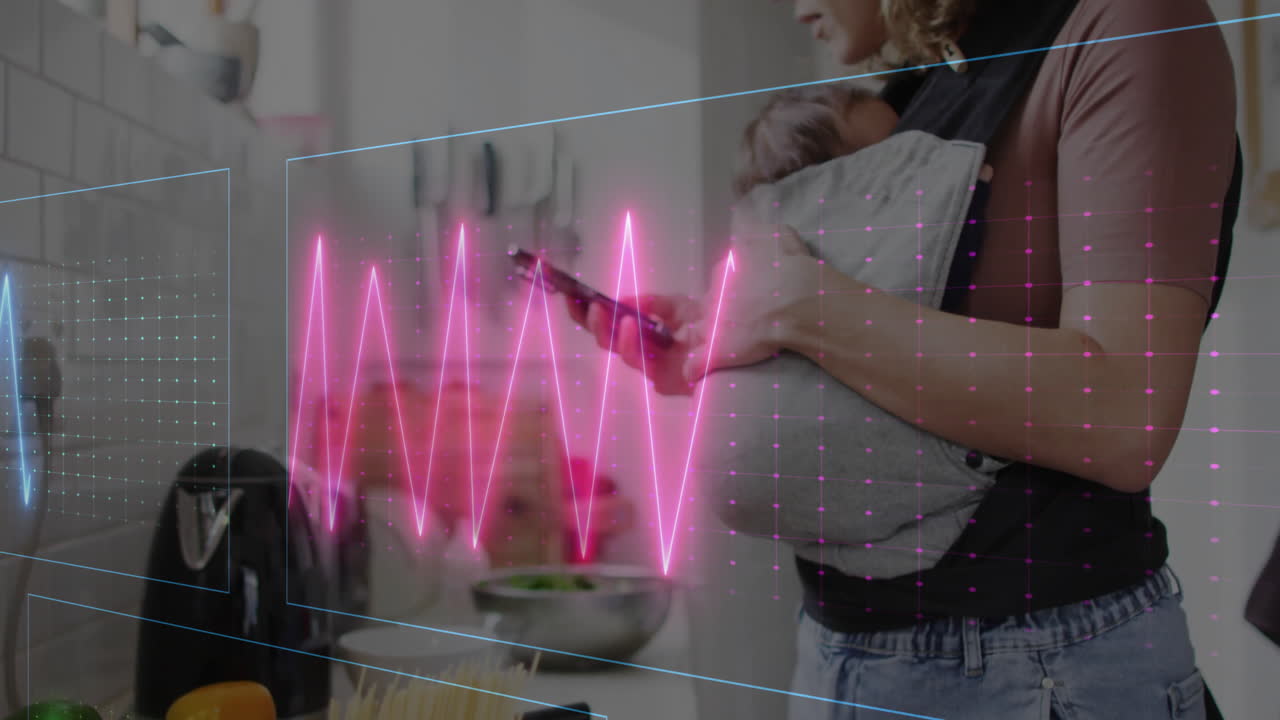 animación en forma de onda rosa sobre una mujer sosteniendo a un bebé y usando un teléfono inteligente en la cocina