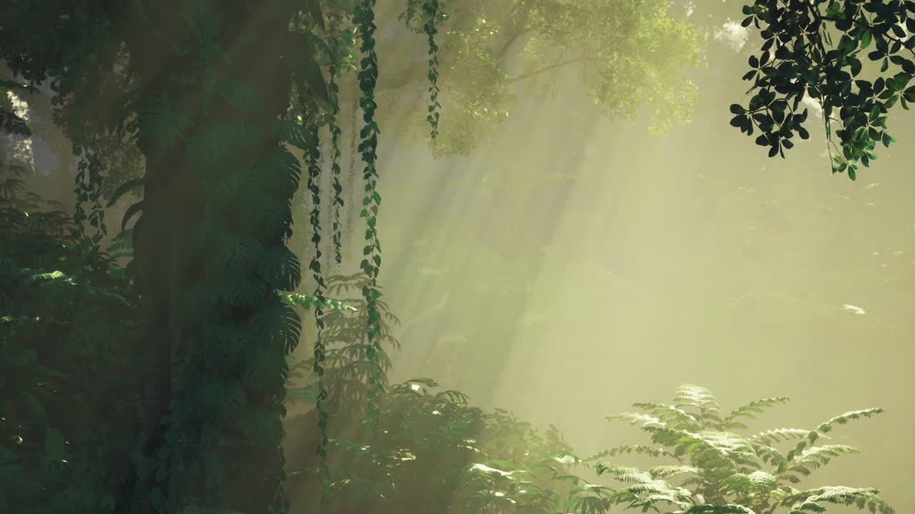 Sunlight filtering through dense foliage in a tranquil forest setting