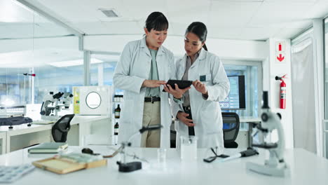 tablet, teamwork or women scientists in laboratory