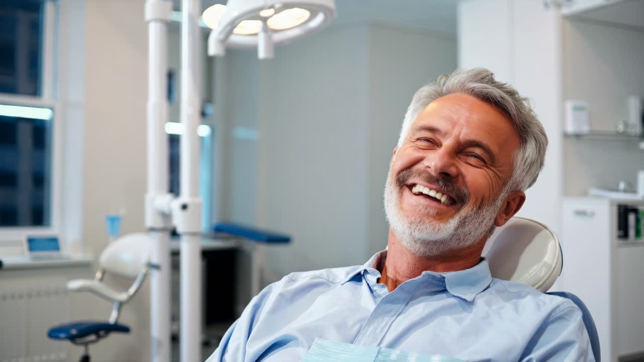 Happy Senior Man Laughing in a Dentist's Chair
