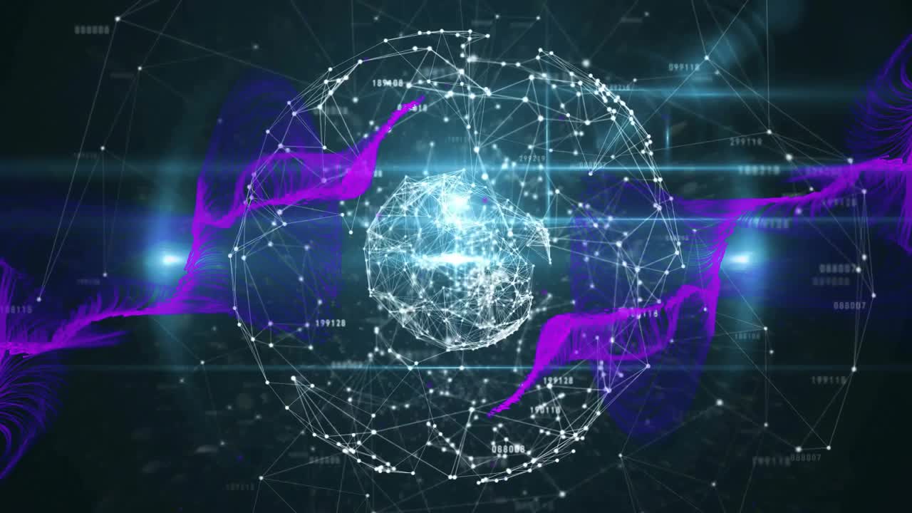Nastri magenta che si insinuano e avvolgono una sfera wireframe con bagliore che si intensifica, visualizzando il flusso di dati