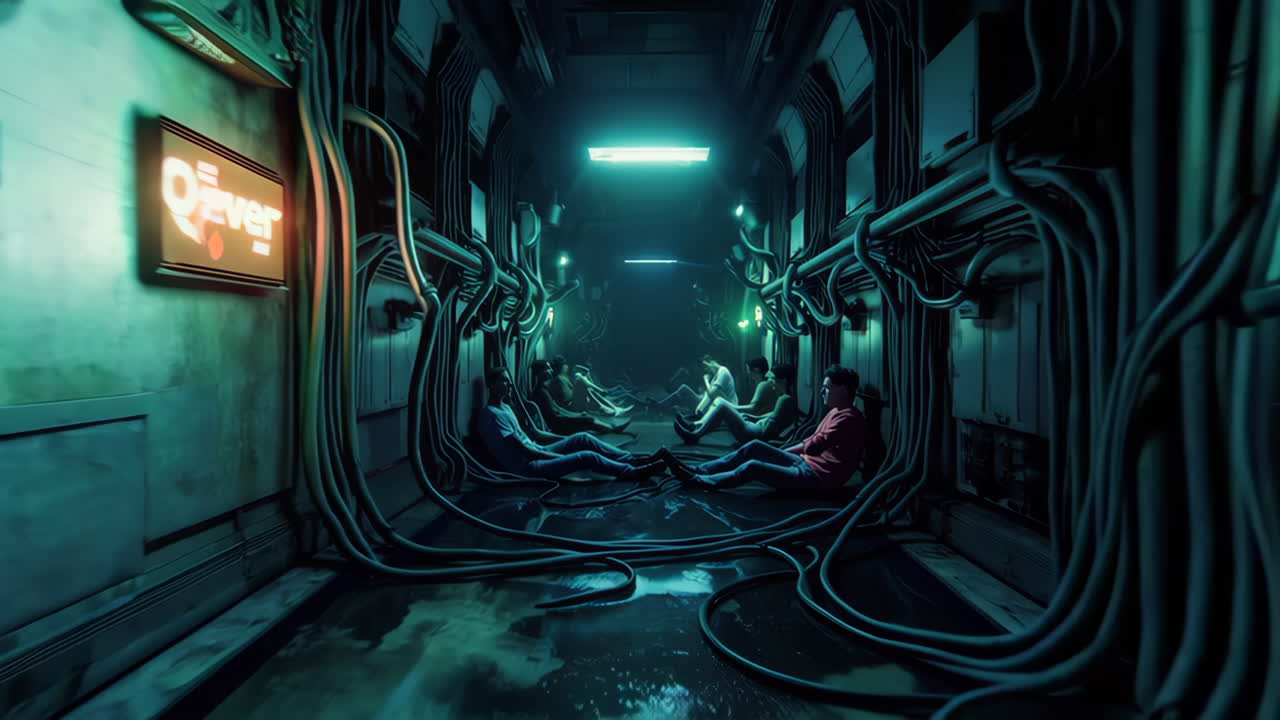 People Sitting in a Futuristic Corridor