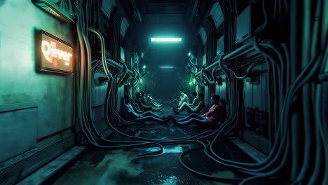 people sitting in a futuristic corridor