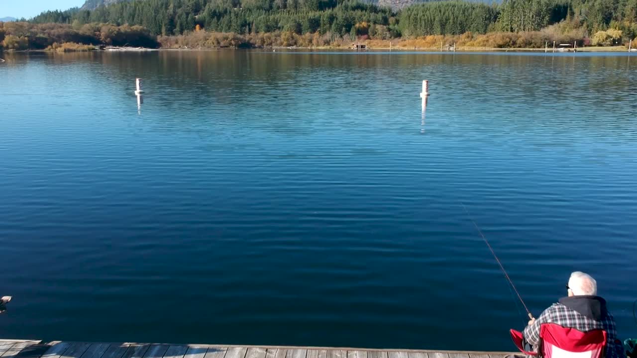 мужчина рыбачит с собакой на причале осенью