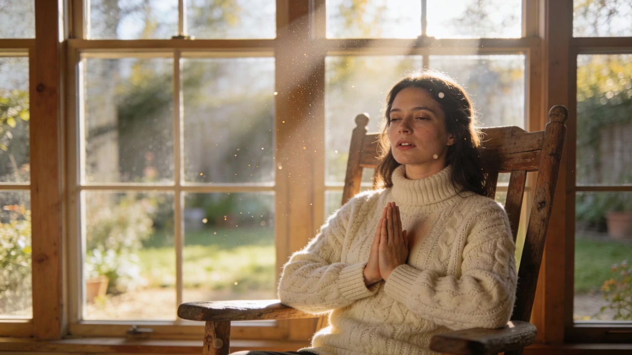 Breathing woman in cream sweater opening eyes as sunlight streaming by window to garden, copy space