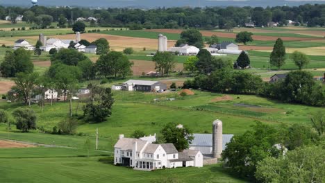 american farmsteads with silo storages in rural district of american town green forest trees and fields in spring season. aerial wide shot.