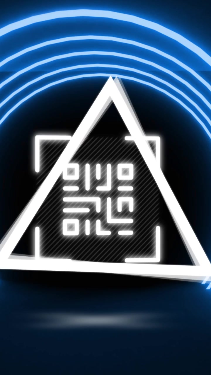 Animation of glowing qr code over neon geometric shapes