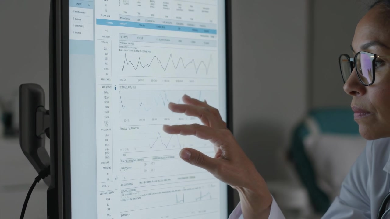 Kliniker med briller, kittel og stetoskop trykker på skærm i klinik og tjekker data, med plads til tekst.