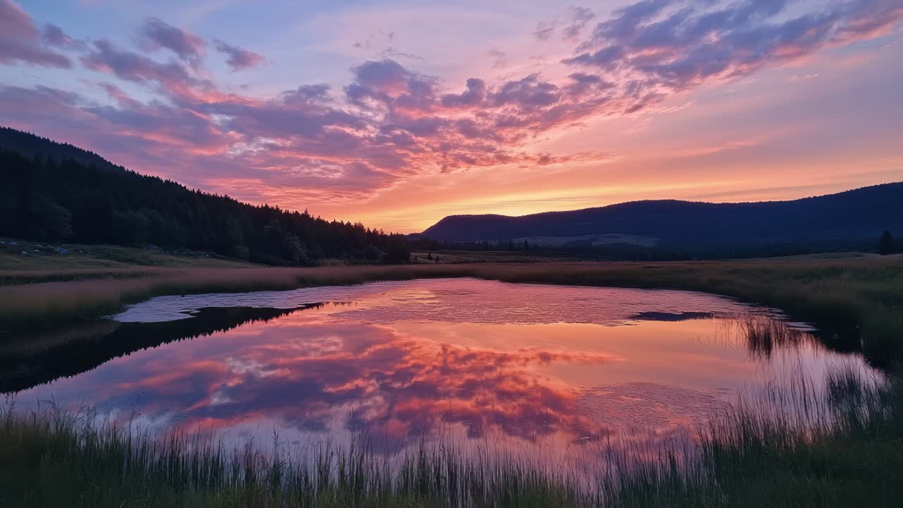 Stunning sunset over a tranquil lake, captured at eye level